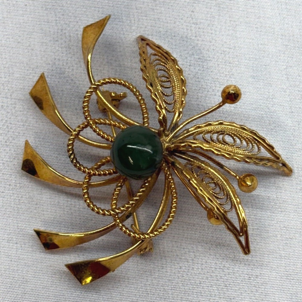 Unbranded Filigree Brooch Women OS Gold Excellent Jade Floral Mid Century Retro